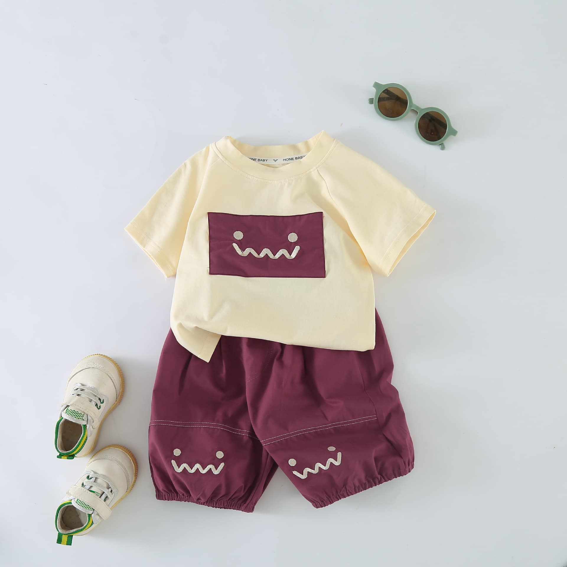 Boys Summer Clothing Set Children's Summer Square Smiley Face Short Sleeve Two-piece Set 2025 New Summer Clothes for Baby Boys