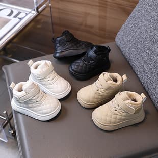 Fall/Winter High-Top Soft Sole Anti-Slip Walking Shoes for 1-3 Years, Fleece-Lined Warm Cotton Shoes