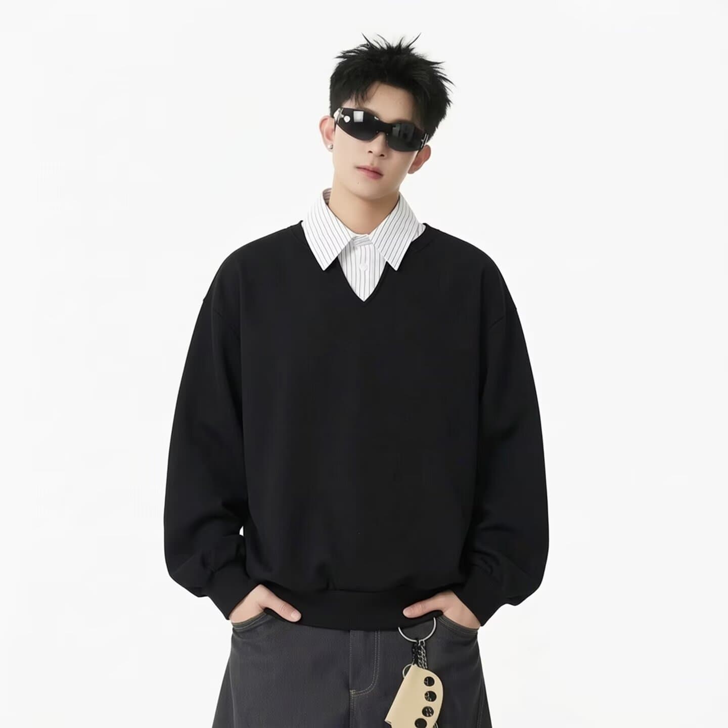 Spring New Retro Striped Spliced Faux Two-Layer Polo Collar Sweatshirt for Men and Women, Loose Casual Pullover Top