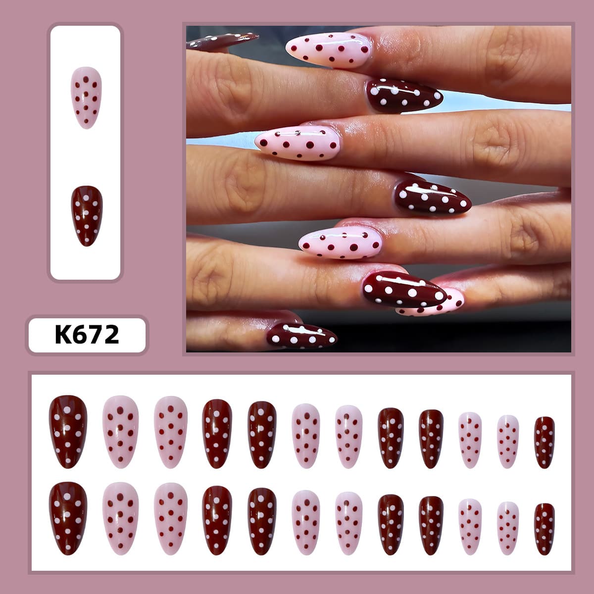 24-Piece Medium-Long Stiletto Nails, Pink-Brown Polka Dot Press-On Nails, Removable Fake Nails