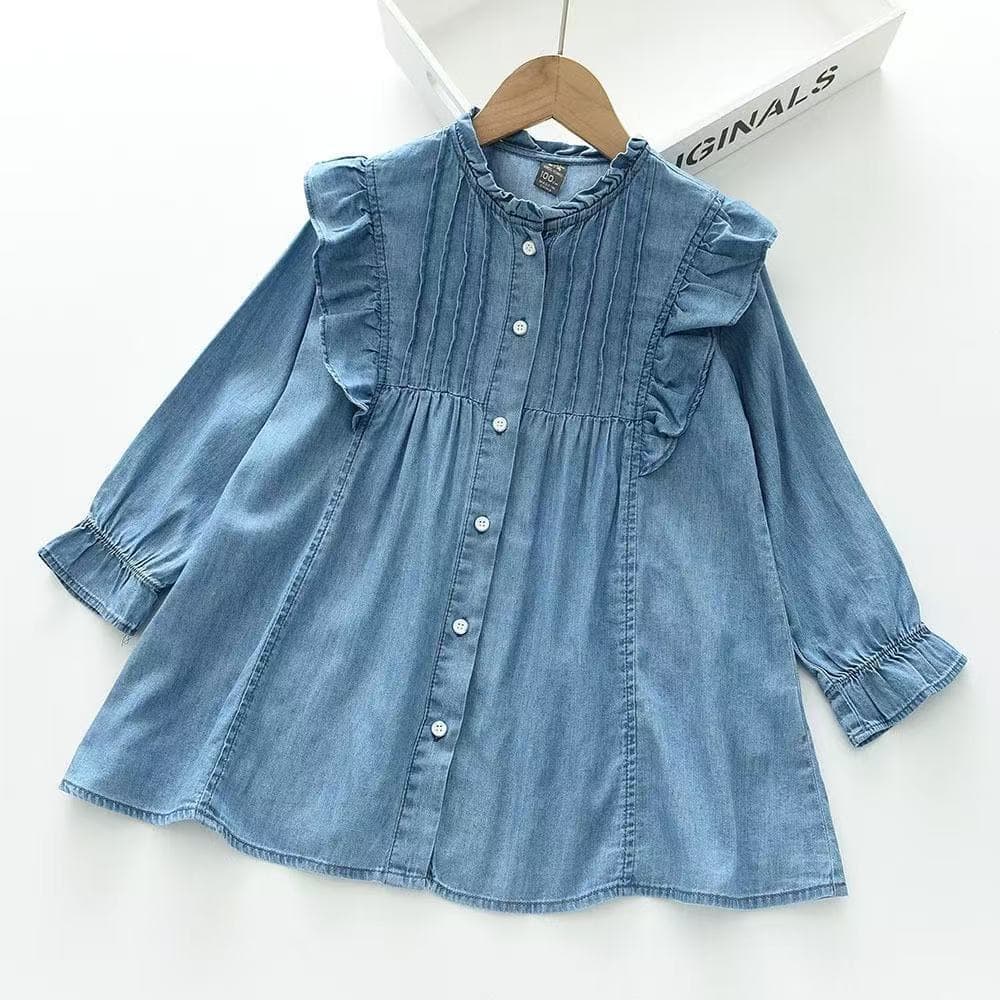 Girls Long Sleeve Dress 2025 Autumn New Export Denim Dress Children's Ruffle Princess Dress