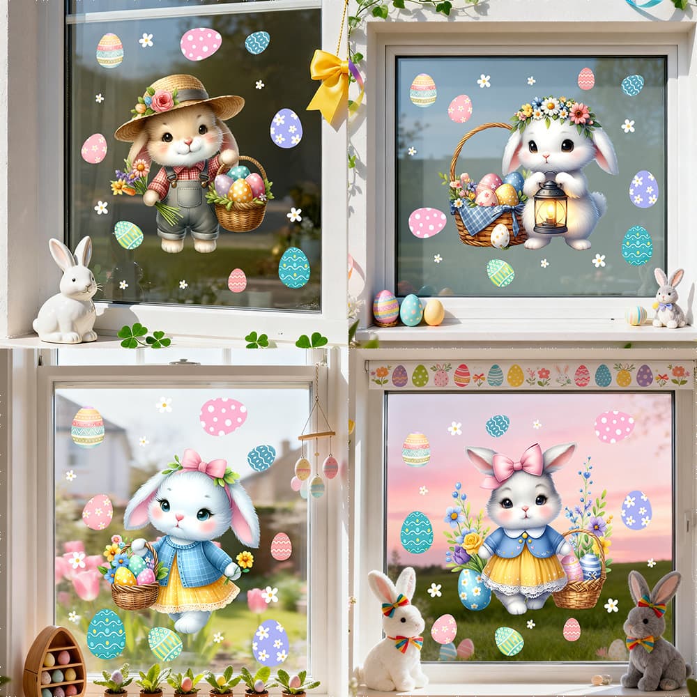 Cross-Border Easter Cartoon Window Stickers Cute Bunny Celebrating the Festival Wall Stickers Electrostatic Transparent Glass Stickers Free of Adhesive Window Stickers