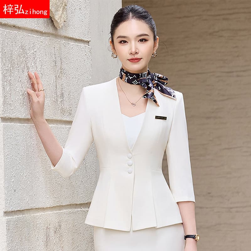 Professional Women's Suit Set Spring/Summer New 3/4 Sleeve V-Neck Tie Waist Workwear Front Desk Reception Off-White