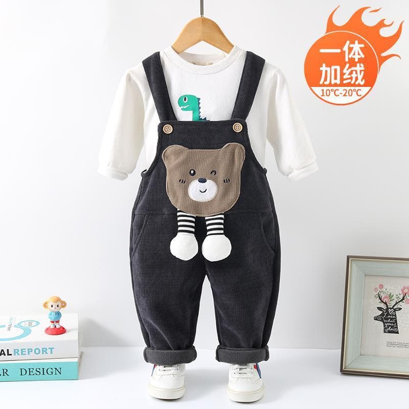 Baby overalls plus velvet and thickened boys' autumn clothing 2025 new one-year-old children's cotton baby pants autumn and winter