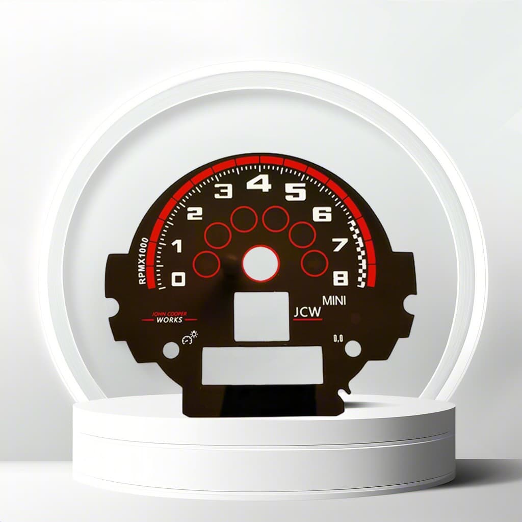 Screen-printed automotive tachometer dial film panels, supply of dial display overlays, PVC automotive film panels