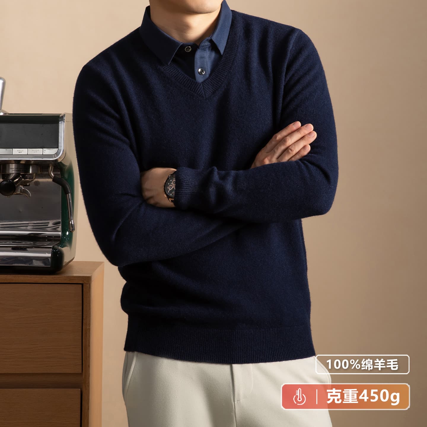 450g Men's Faux Two-Layer Wool Sweater with Shirt Collar, Thickened Knitwear for Middle-Aged Business Casual