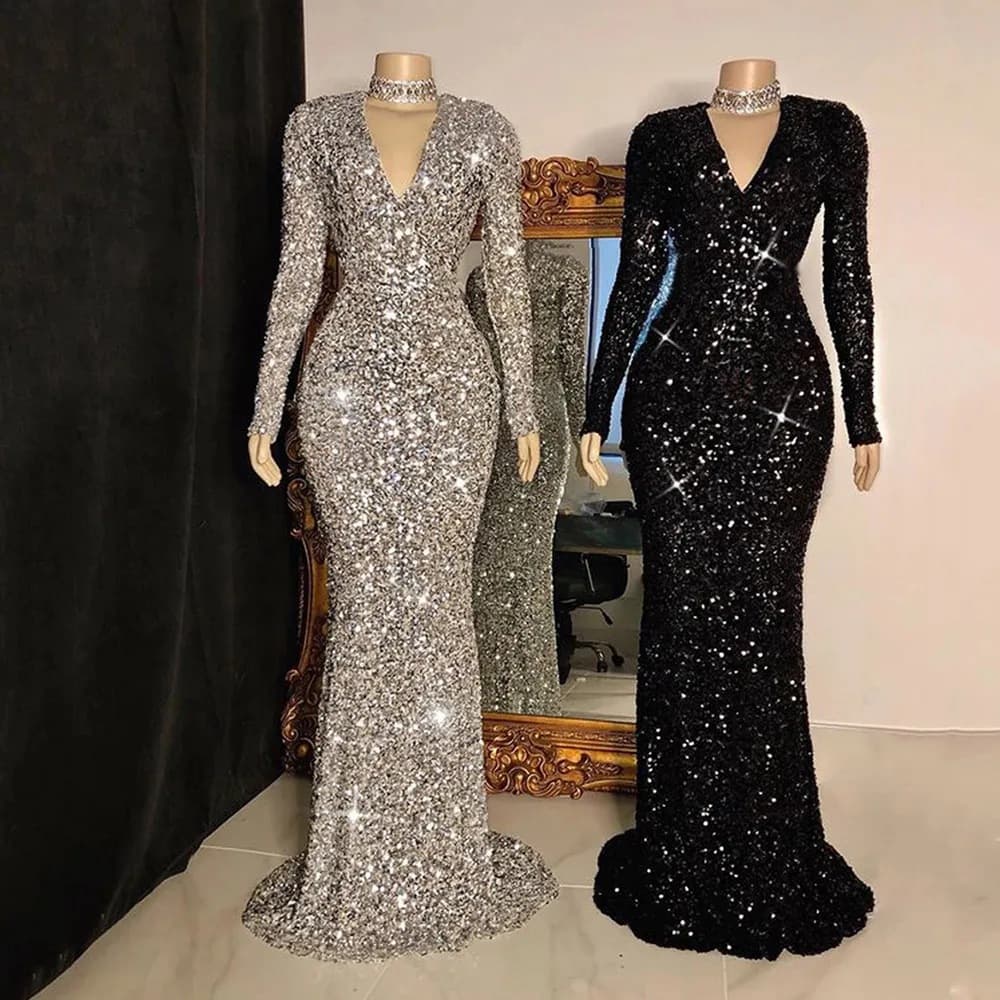 2026 Cross-Border New Style Sequin V-Neck Long Sleeve Host Performance Banquet High-End Sexy Trailing Tight Evening Gown