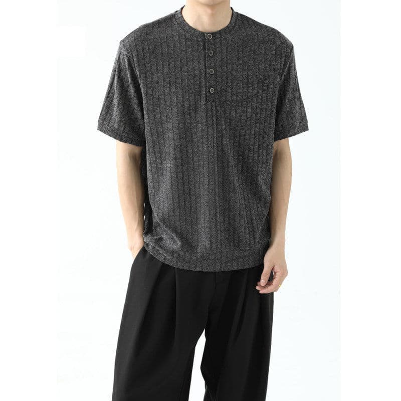 Old Money Style Henley Neck T-Shirt Men's 2026 Summer Textured Ice Silk Short Sleeve Lazy High-End Half Sleeve
