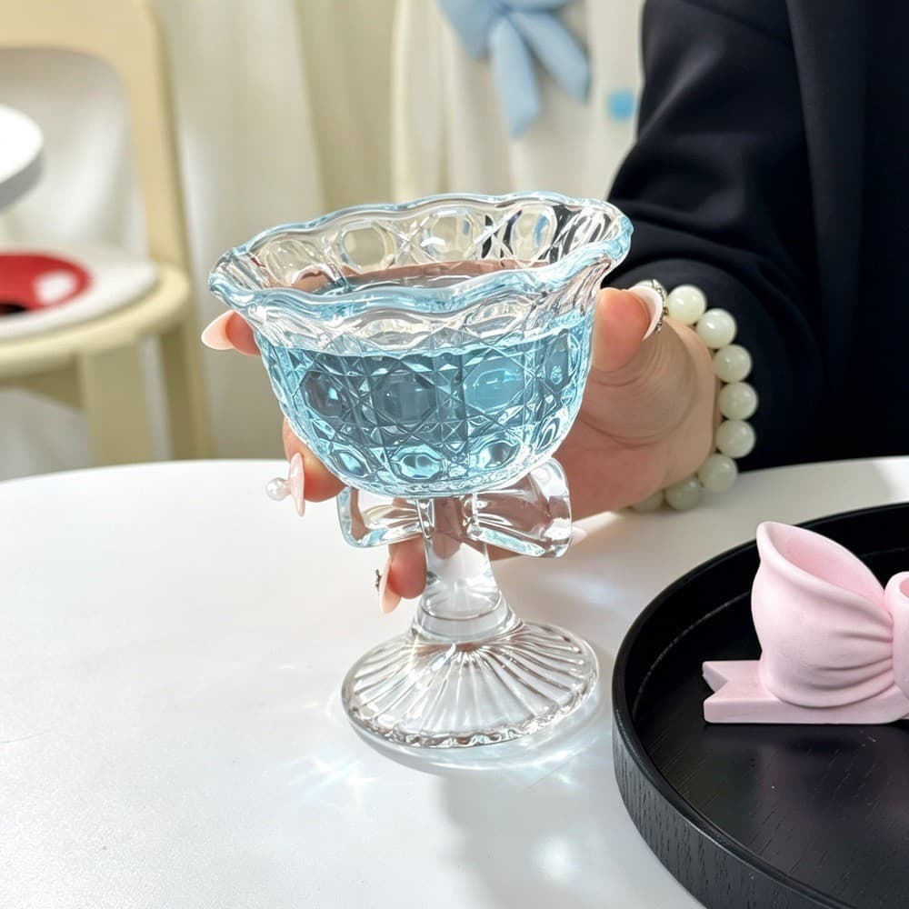 European Vintage Embossed Glass Cup with Bow, Fruit Wine Glass, Tall Champagne Cup, Juice Cup, Creative Home Drinkware