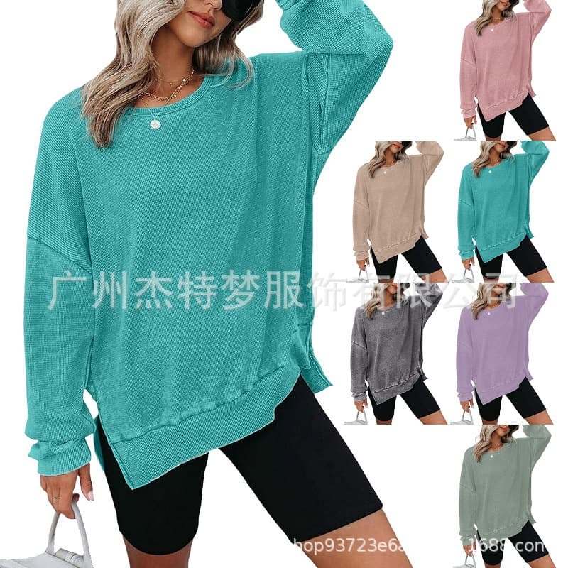 Women's Long Sleeve Round Neck Sweatshirt T-Shirt Side Slit Patchwork Street Style Comfortable Casual Polyester Cotton Blend