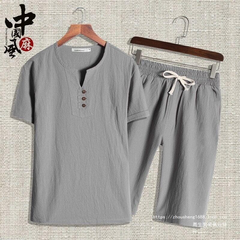 Linen Cotton Set for Men 30-50 Years Old, Summer Short Sleeve Dad Outfit, Free Shipping