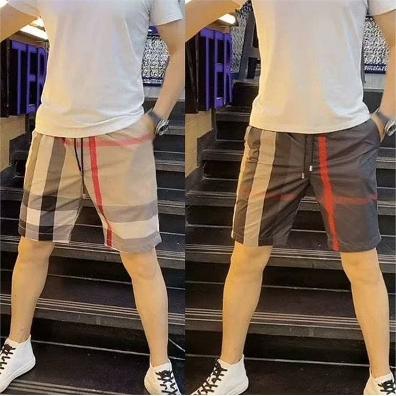Printed Plaid Shorts Men Korean Style Slim Fit Straight Leg Five-Inch Casual Pants Summer Thin Ice Silk Beach Sports Shorts