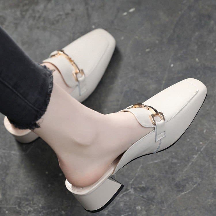2024 Spring New Closed-Toe Half Slippers for Women, Chunky Heel Versatile Mid-Heel Square Toe High Heels Fashionable Sandals