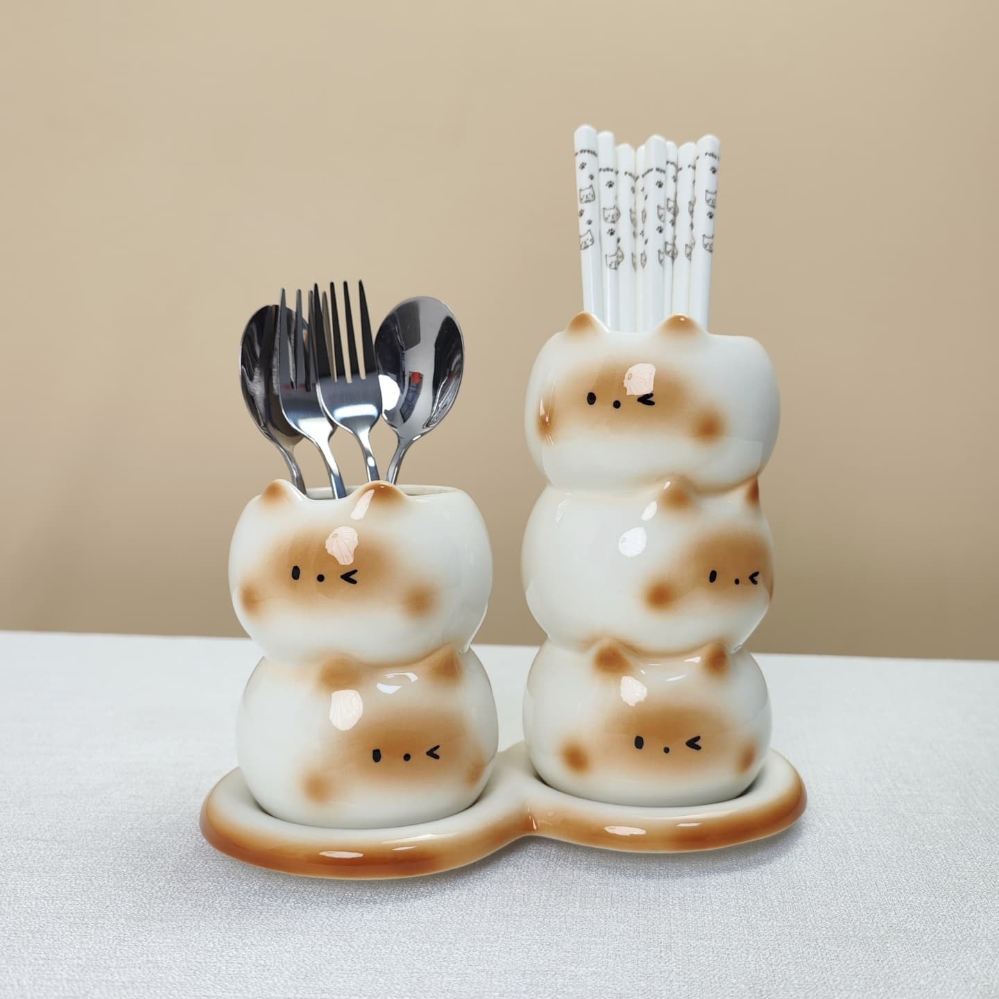 Creative Siamese Cat Household Ceramic Chopstick Holder Set Kitchen Cute Chopstick Box High-Aesthetic Storage Jar Combo