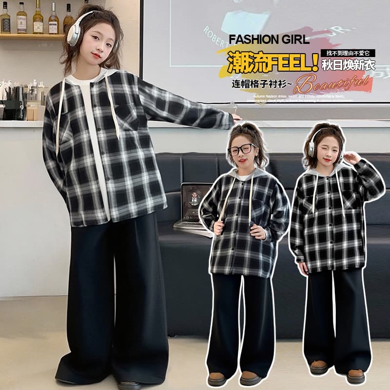 Girls' Spring/Autumn Plaid Jacket 2025 New Fashionable Hooded Shirt Versatile Top for Big Girls Spring Outfit