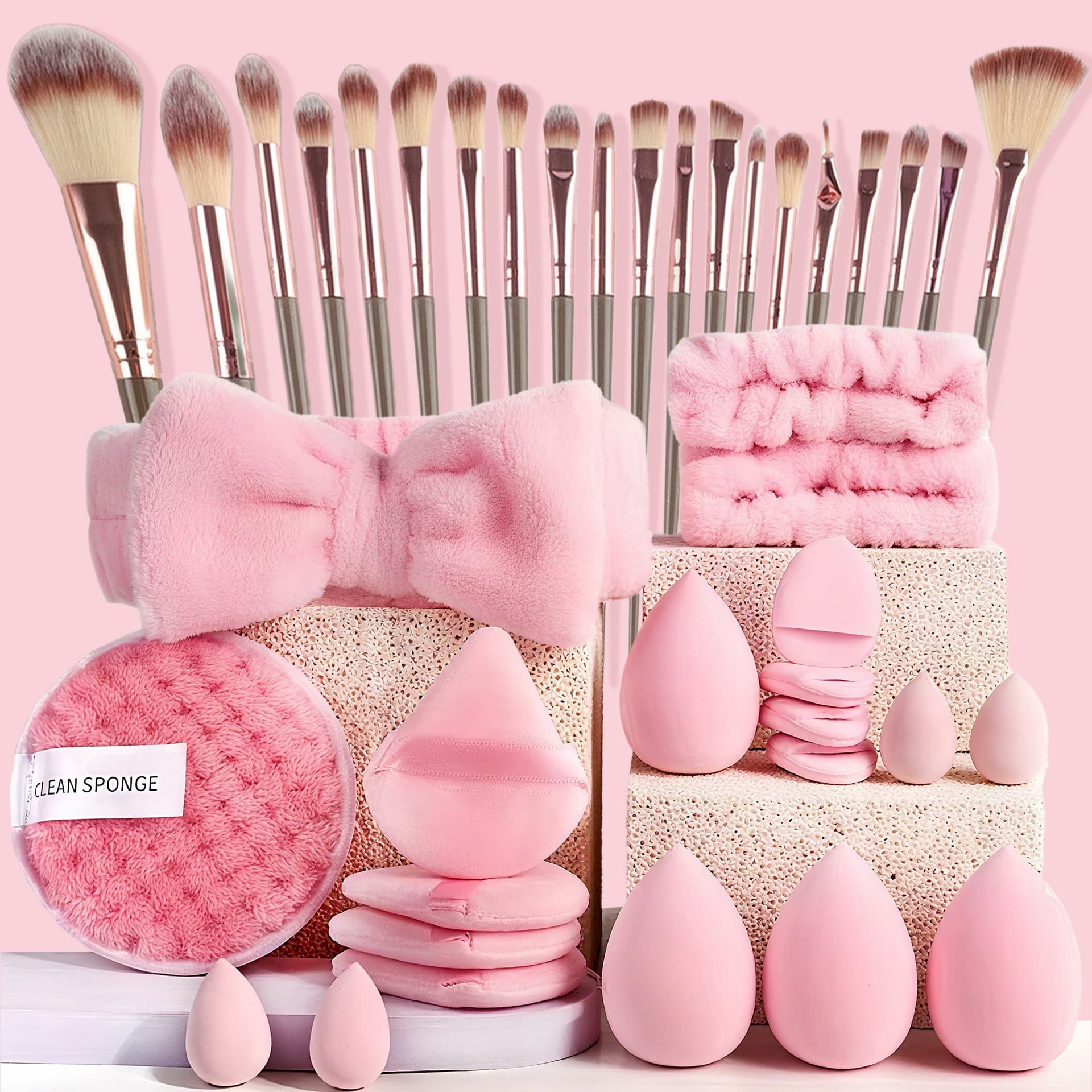 Cross-border 33-piece makeup puff set, soft and skin-friendly cosmetic brushes, flocked puff, teardrop beauty blender, headband, cleansing puffs, full set