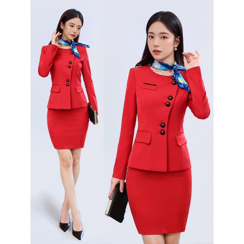 Red Flight Attendant Uniform Set Women Spring Autumn New Long Sleeve Military Drum Waist Drum Performance Costume Plus Size
