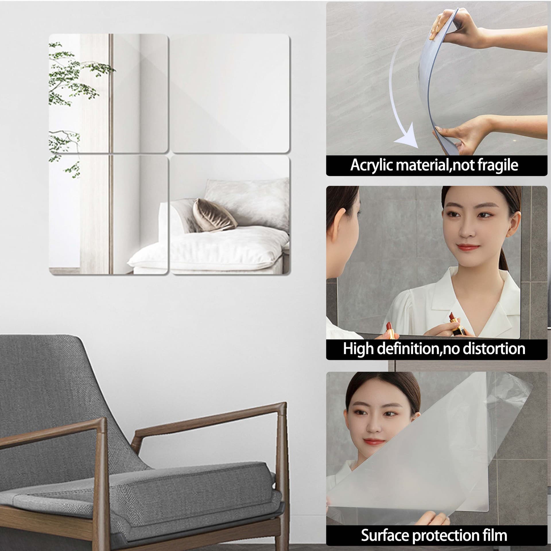 2mm HD Bathroom Mirror Self-Adhesive Acrylic Soft Mirror for Washroom Vanity, No-Drill Makeup Mirror