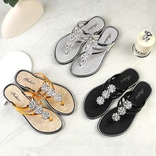 2025 Women's Summer Slippers, New Flat Silver Sandals with Rhinestones, Large Size, Export Flip Flops