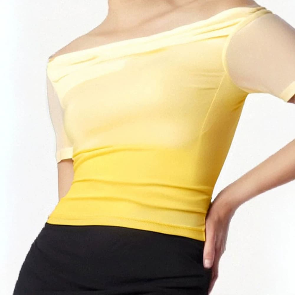 AD079 Pure Sexy Gradient Yellow One-Shoulder Mesh Top Women Summer Slim Short Sleeve Sexy T-Shirt
