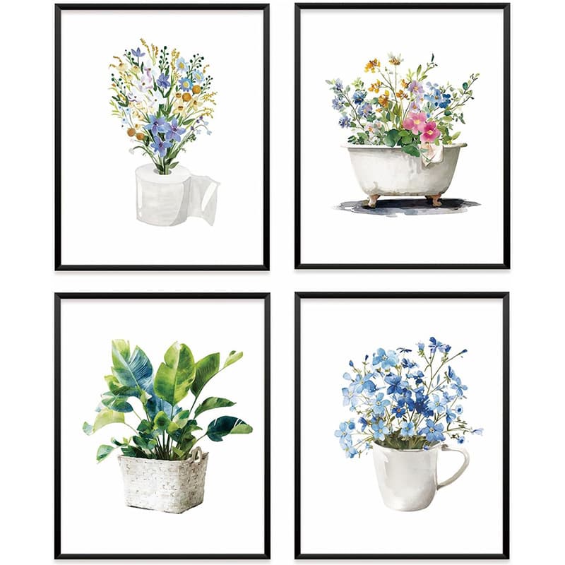Floral Bathroom Wall Art Decor Set of 4 Frameless Rustic Centerpiece Wild Flowers Funny Botanical Floral Print