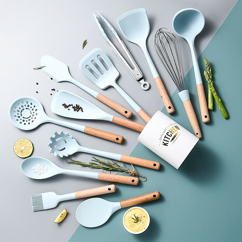 New 12-Piece Silicone Kitchen Tools Set with Wooden Handles, Non-Stick Cooking Spatula and Spoon Kitchen Utensils Set for Home Use