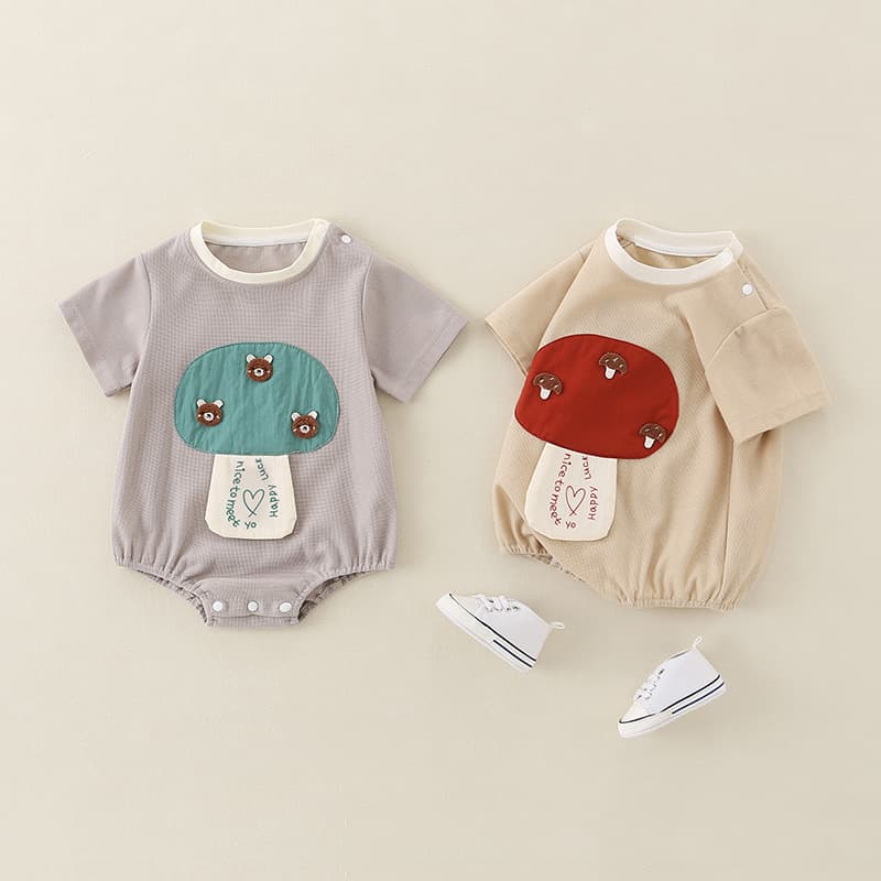 Summer Baby Triangle Romper Cartoon Mushroom Bodysuit 2026 New Style Short Sleeve Baby Boy Onesie Pullover