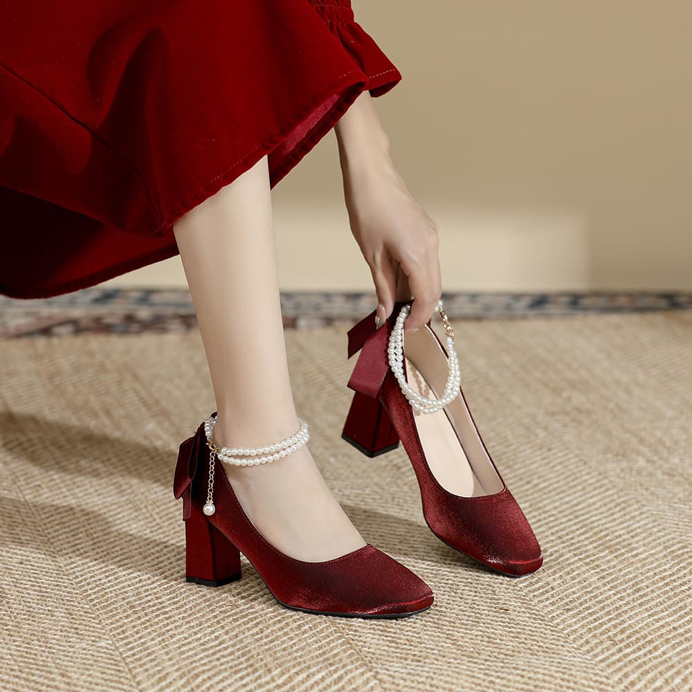 New Square Toe Chunky Heel Shoes, Wide and Extra Wide Fit, Wedding Shoes, Bride Shoes, Single Shoes, Xiuhe Suit Dual-Wear