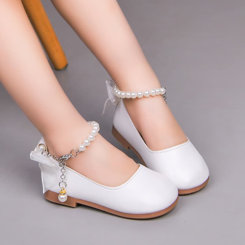 Little Girl Mary Jane Shoes with Cross-Strap Buckle, Beaded Ribbon Bow Leather Shoes for Girls