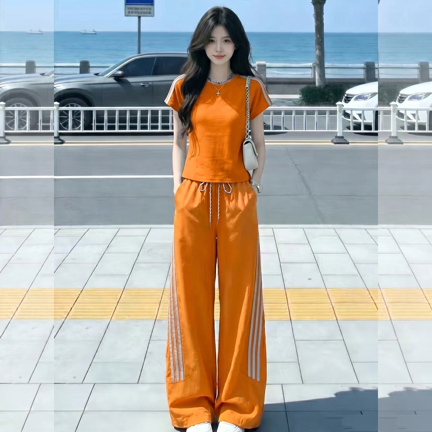High-End Fashion Casual Set for Women Summer New, Round Neck Short Sleeve Top and Elastic Hem Long Pants Two-Piece Set