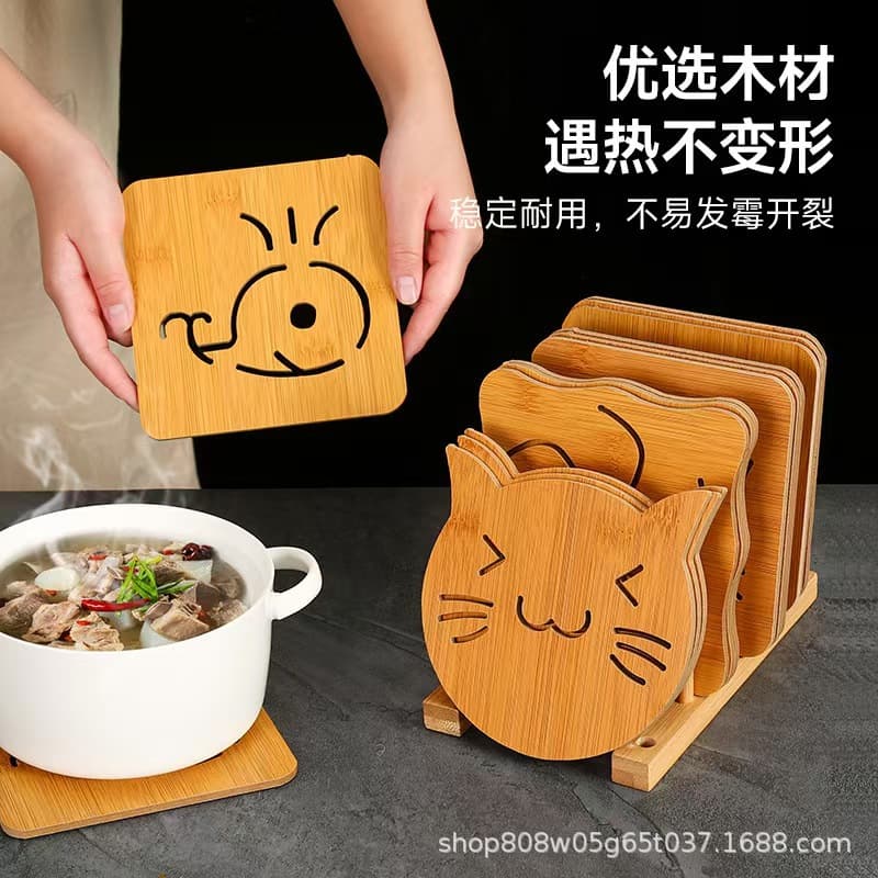 Wooden Cartoon Cut-Out Coasters, Desktop Heat Insulation Pads, Square Animal-Themed Dining Mats, Creative Adorable Coffee Cup Holders