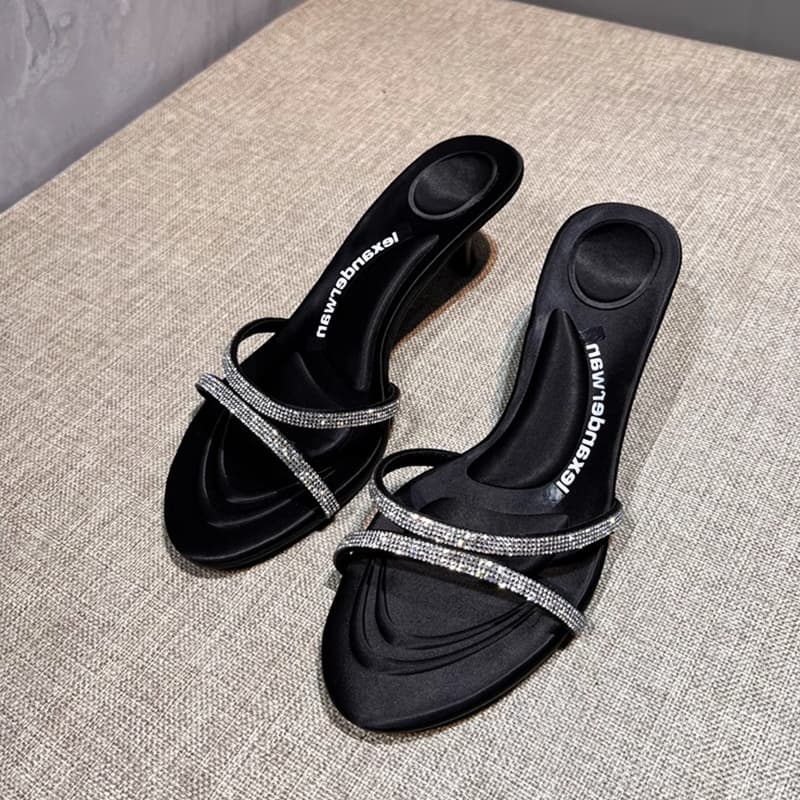 Sexy Silk Satin High Heel Sandals Women's Mid Heel Cross Diamond Slippers Fashionable Summer Open Toe Slip-On Shoes