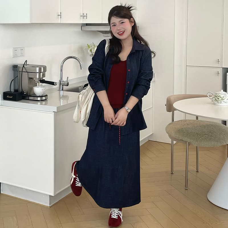 Plus Size Women's Casual Elegant Denim Set 2026 Autumn Cardigan and Skirt Two-Piece Set for Curvy Women NT1393