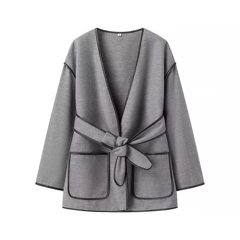 European and American Cross-border Wholesale 2024 Autumn Women's Elegant Vintage Gray Belt Double-Sided Wool Coat