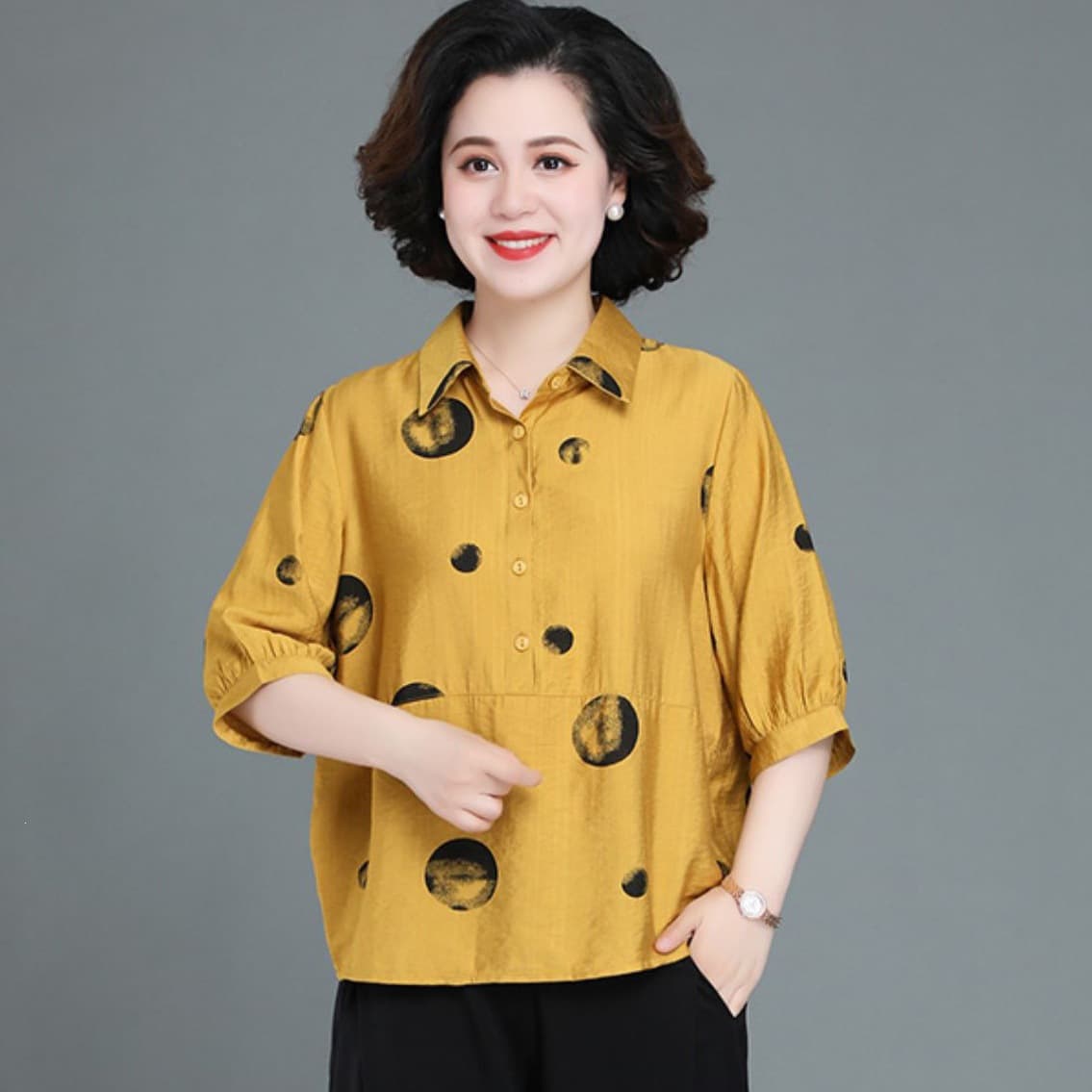 Lapel 6050 Short Sleeve Set, Stylish T-Shirt for Middle-aged and Elderly Women, Cotton Linen Blouse, Loose Fit Summer Mother's Outfit