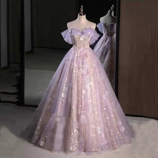 Evening Dress Women Puffy Dress, Light Luxury Niche High-End Vocal Art Exam Long Dress, Purple French Runaway Princess Style