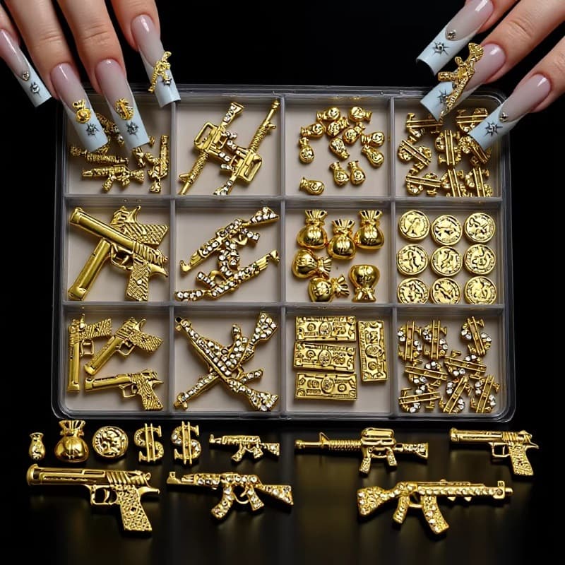 European and American Cross-Border 12-Grid Box Mixed Alloy Nail Art Accessories 3D Imitation AKM416 Weapon Model Accessories Flash