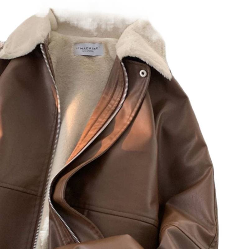 Women's Lapel Leather Jacket Cotton Coat Winter Quilted Thickened American High-Street Pilot Bomber Jacket