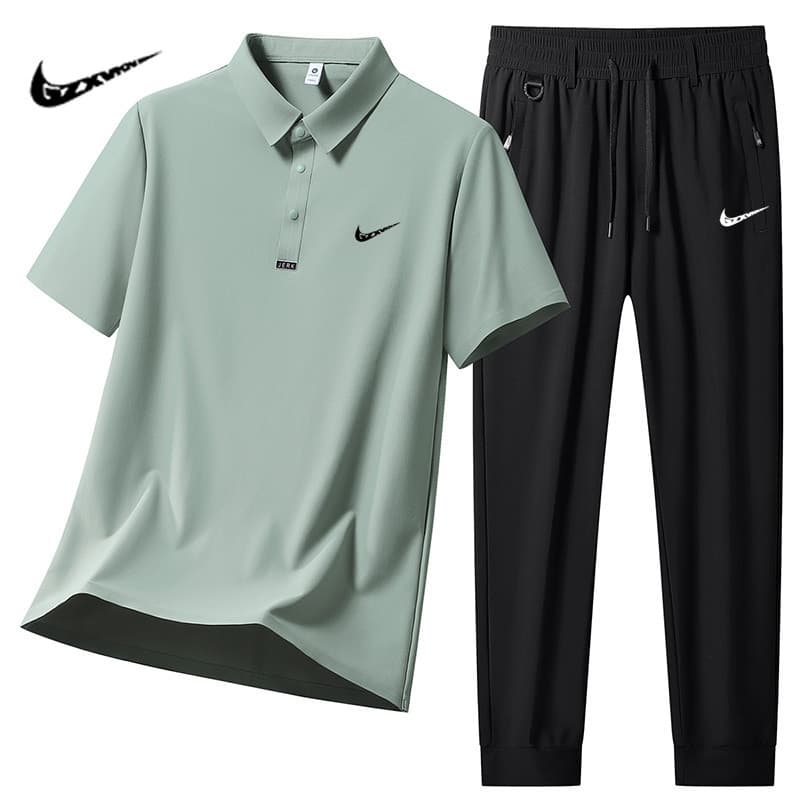Ice Silk Sports Polo Shirt Men's Set Summer Thin Breathable Quick-Dry Short Sleeve Long Pants Casual Two-Piece Men's Wear