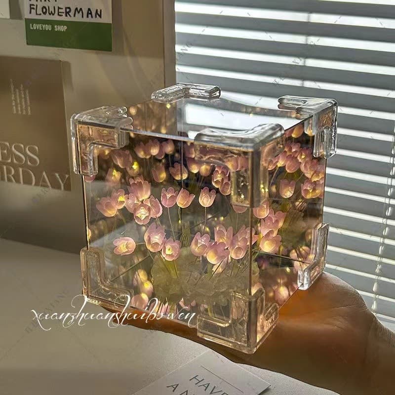 DIY Tulip Flower Field Night Light Material Kit with 3D Magic Mirror - Birthday Gift for Couples, Girlfriends, and Best Friends