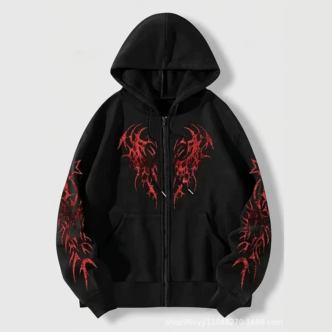 2026 New Cross-Border Export European and American Gothic Hooded Zip-Up Cardigan Sweatshirt Loose Trendy Casual Versatile Hoodie
