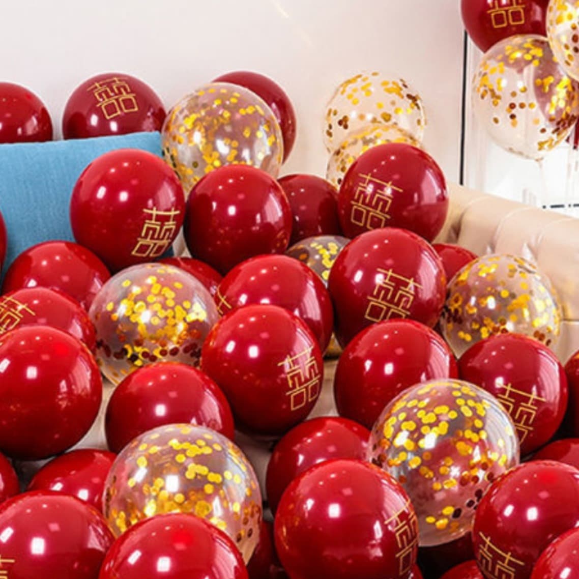 Double-layer ruby red wedding balloons with happy words, wedding room layout, wedding decoration balloons, scene layout, wedding cloth