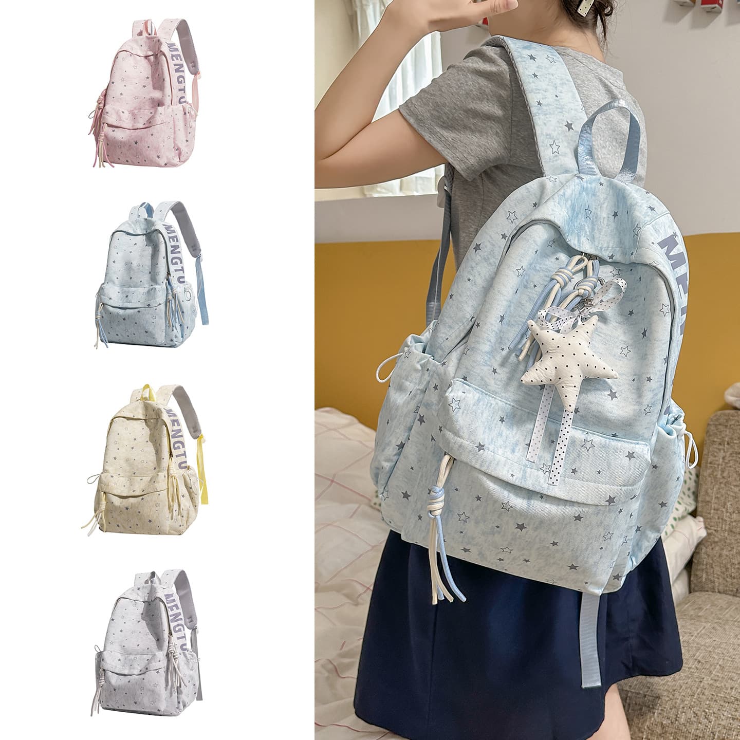 Korean style ins cute cartoon star school bag for female junior high school students with good looks, lightweight, simple and large capacity backpack