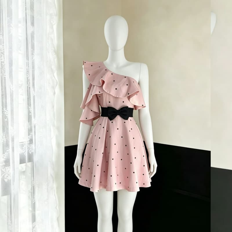 Sweet Girl Style Pink Off-Shoulder Dress for Women, Early Spring New Arrival Polka Dot Ruffle Bow Waist Short Dress