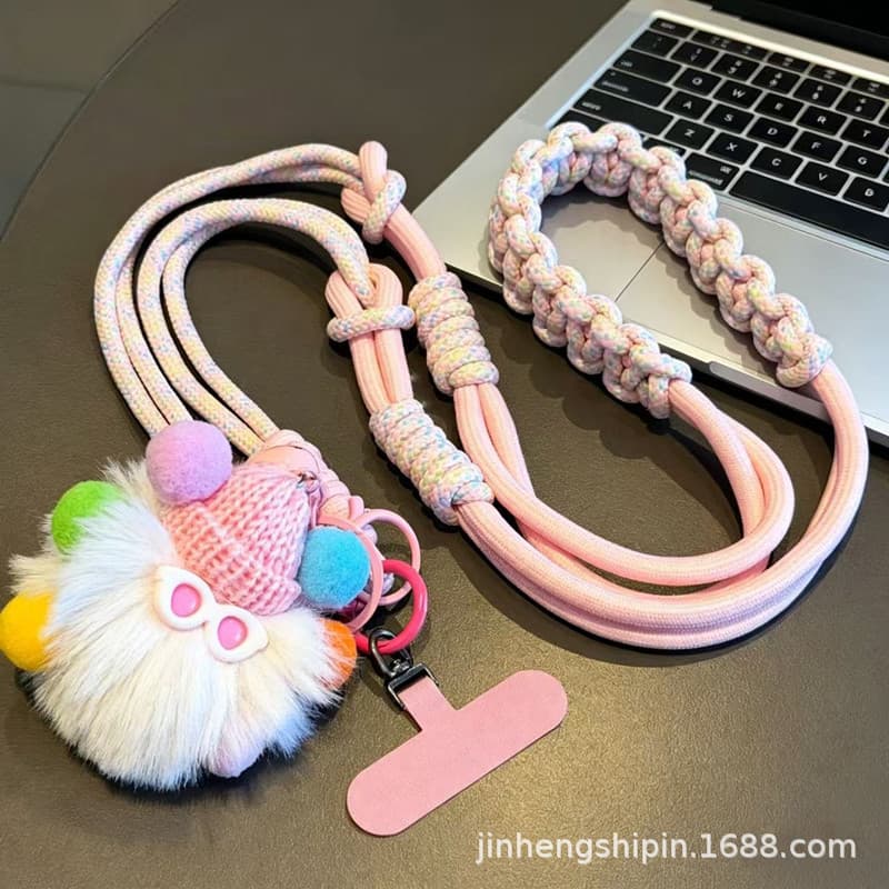 Cartoon Cute Plush Coal Ball Phone Lanyard Detachable Adjustable Wrist Neck Crossbody Contrast Color Braided Rope Outdoor Anti-Loss