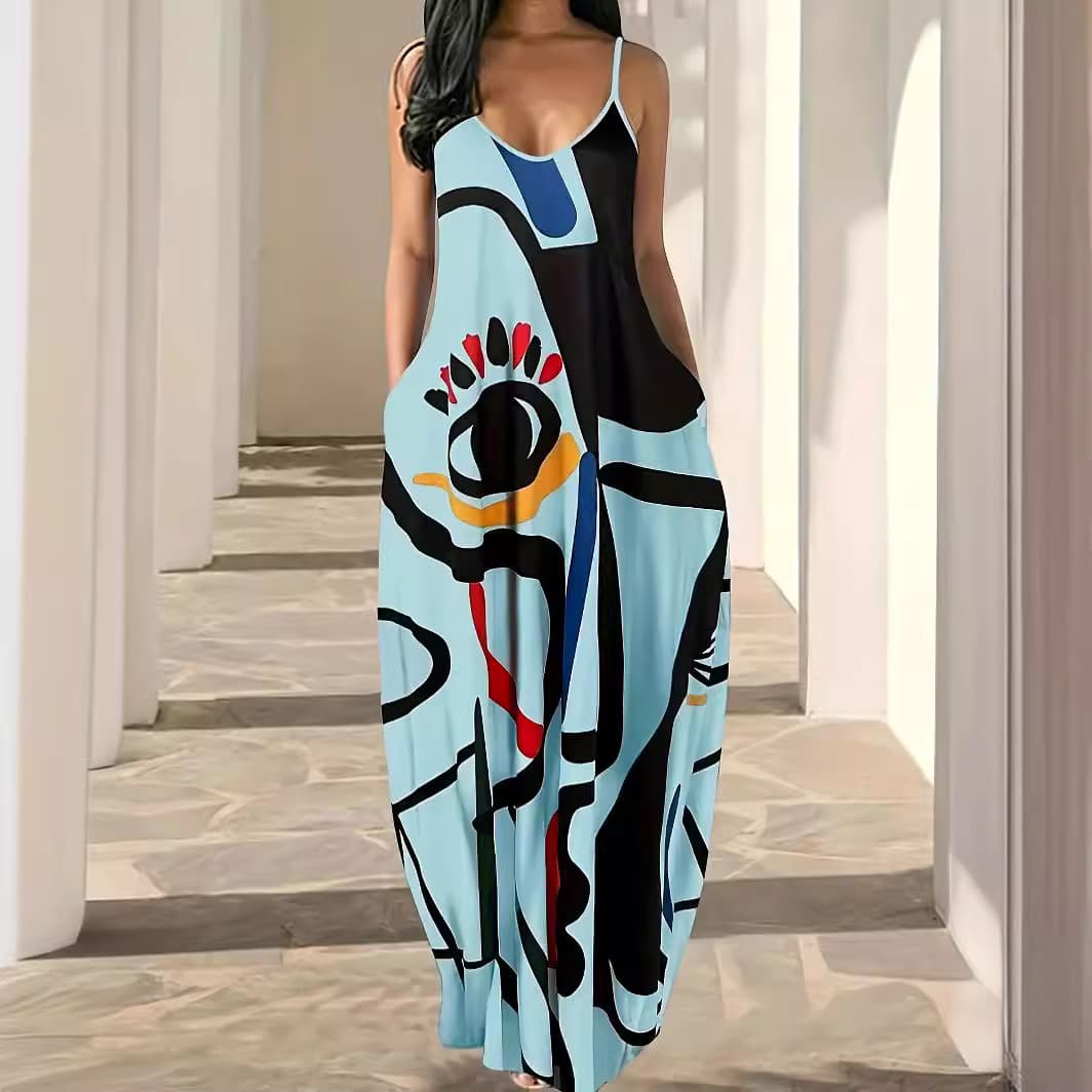 Amazon Cross-Border New Women's Digital Print Fashion Sexy V-Neck Spaghetti Strap Plus Size Dress