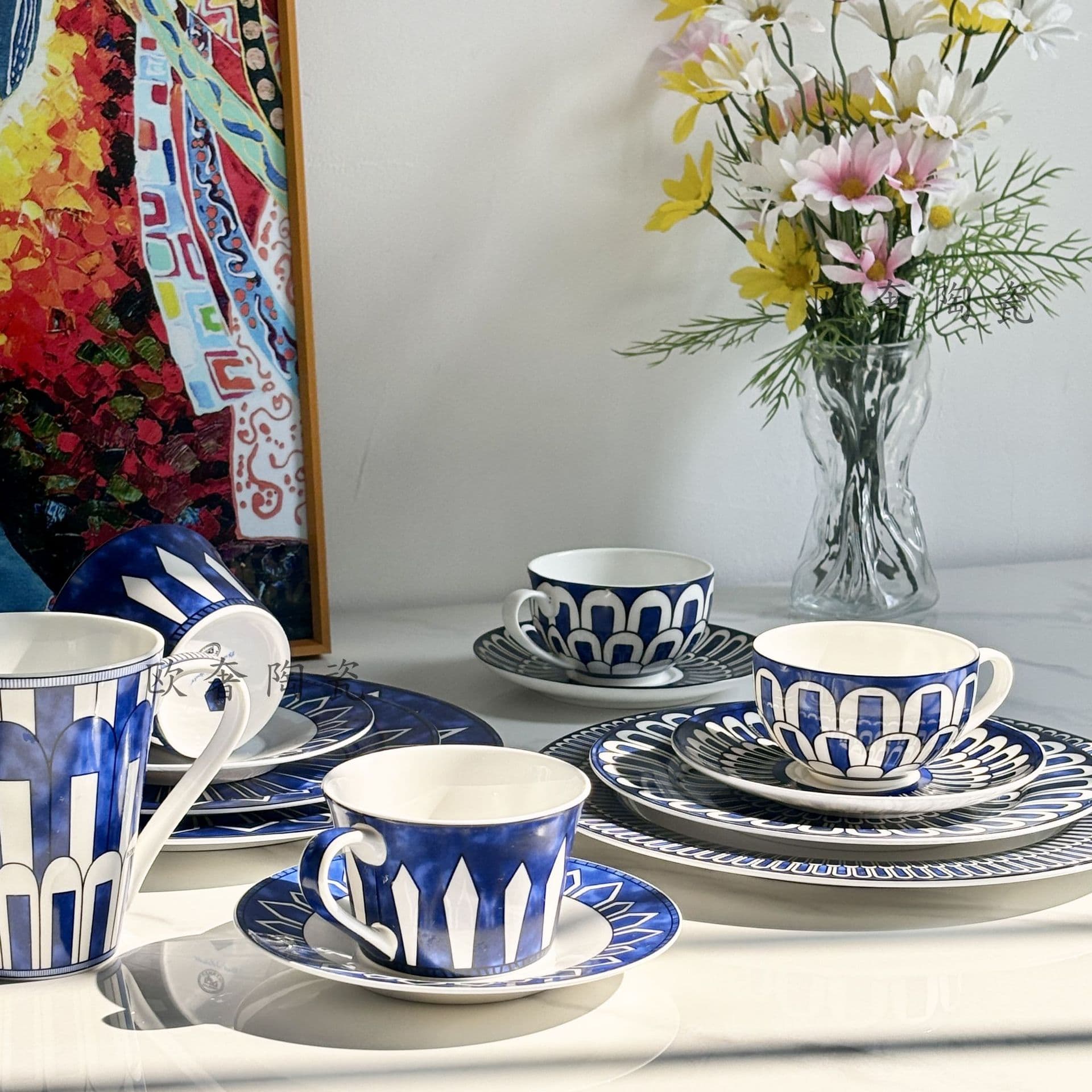 Exotic Blue Series Bone China Cross-Border Western Coffee Cup and Saucer Set, Blue Fashionable Flat Plate, Shallow Plate, Mug Gift Box