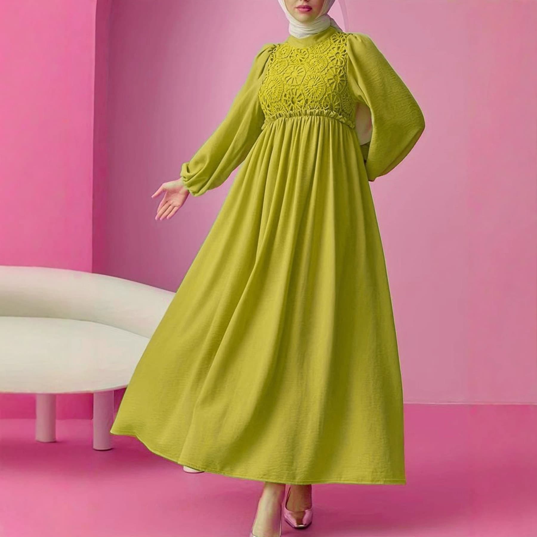 Amazon Best Selling Ethnic Style Lace Spliced Lantern Sleeve Waist Dress