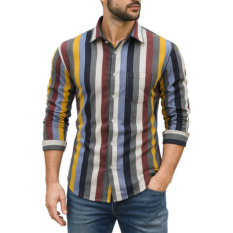 Men's Casual Striped Long Sleeve Shirt Color Block Design Cotton Slim Fit Shirt for Youth Spring Fashion Print Shirt