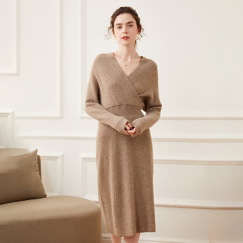 Casual solid color V-neck cashmere dress women's retro cross-collar sweater knit skirt A-line knee-length base layer one-step skirt